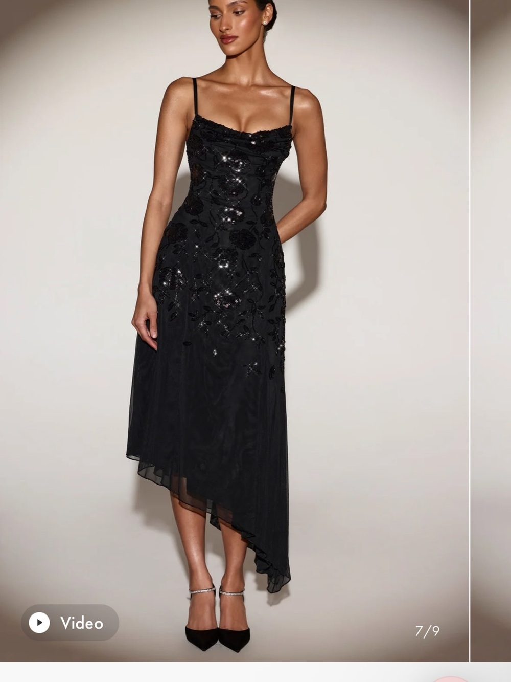 Oh Polly Black Beaded Asymmetric Midi Dress